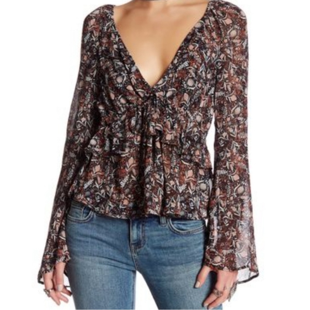 Free People Uptown Bell Floral Print Deep V-Neck Fluted Sleeve Top, Size Large
